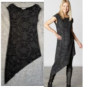 Bryn Walker Thomas Asymmetrical Tunic Dress Womens Small Black Damask Lagenlook